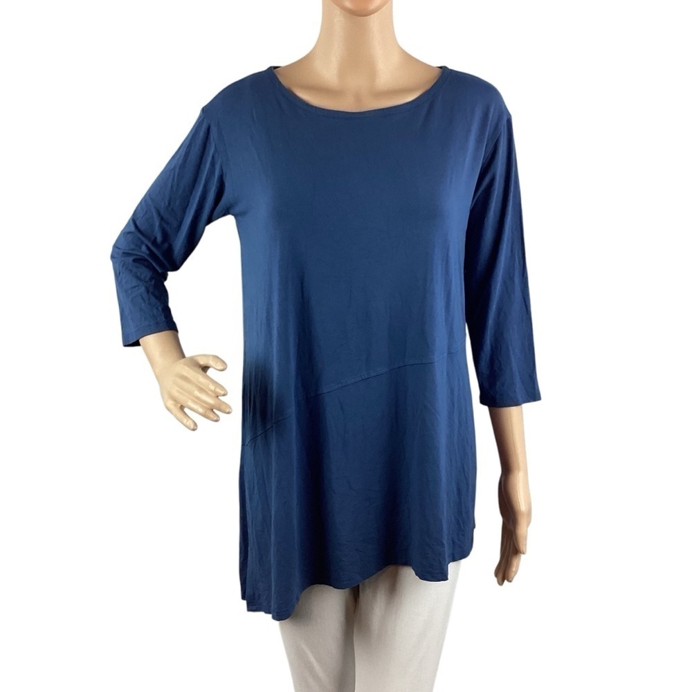Eileen Fisher S Blue Stretch Jersey Tunic Top 3/4 Sleeve Asymmetrical Seam